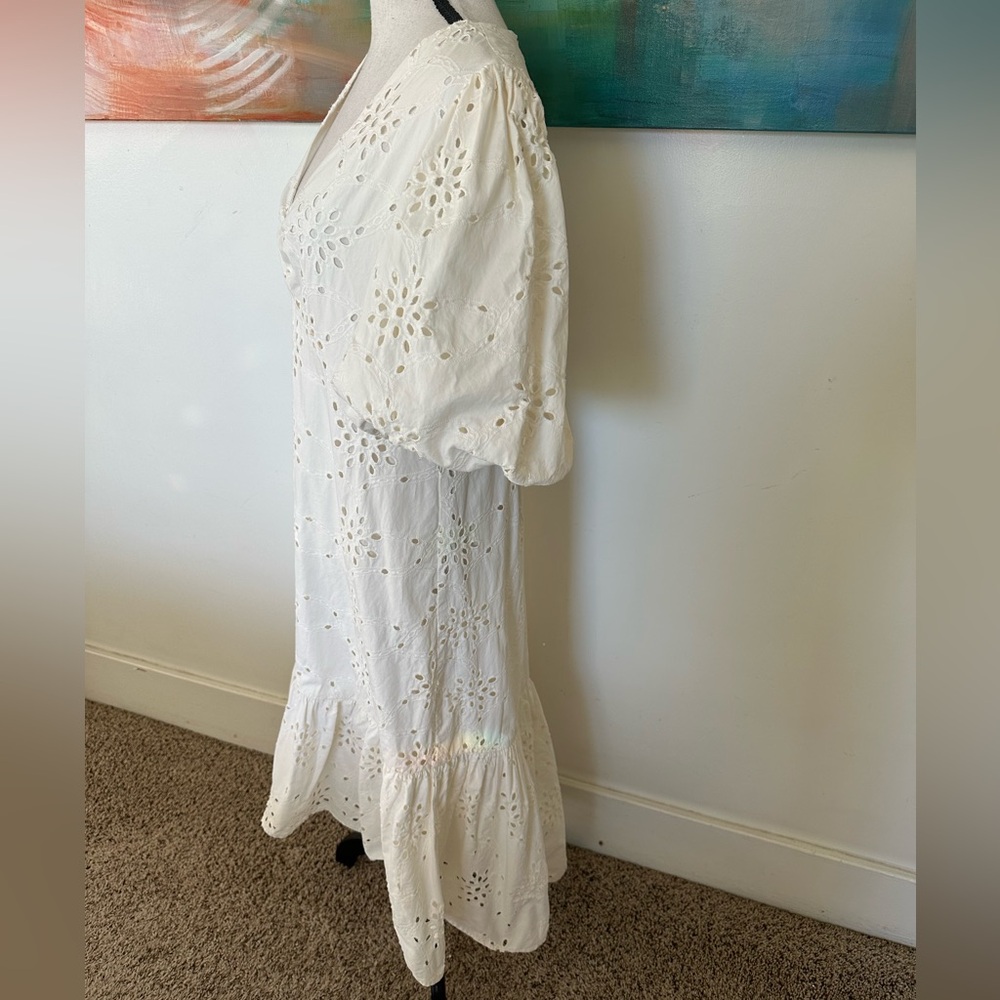 Gibson Latimer Ivory Eyelet Hi Low Puff Sleeve All Cotton Midi Dress Lined L - Picture 3 of 12